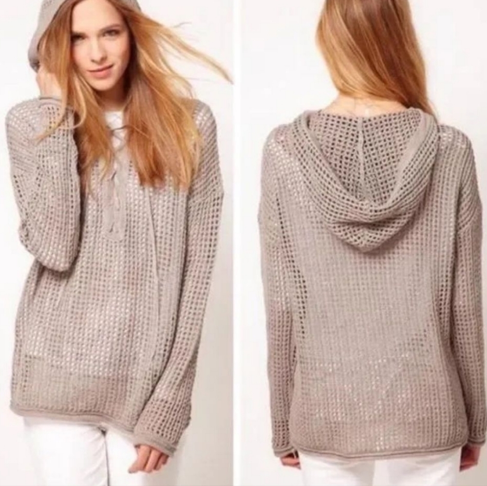 James Perse sweater swim coverup grid hollow out woven gray taupe